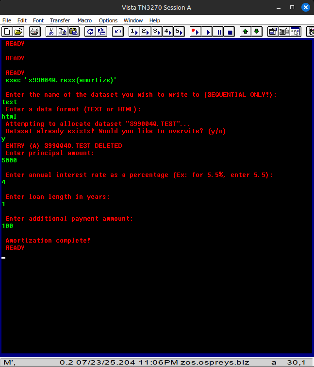 Interactive user run of the TSO amortization REXX program